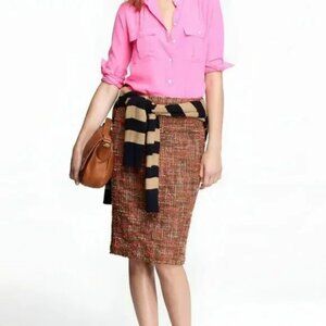J Crew Taupe Khaki Coral Pink Boucle Pencil Knit Twill Tweed Pencil Skirt XS 2